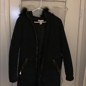 Black coat long puffer jacket  faux fur hood